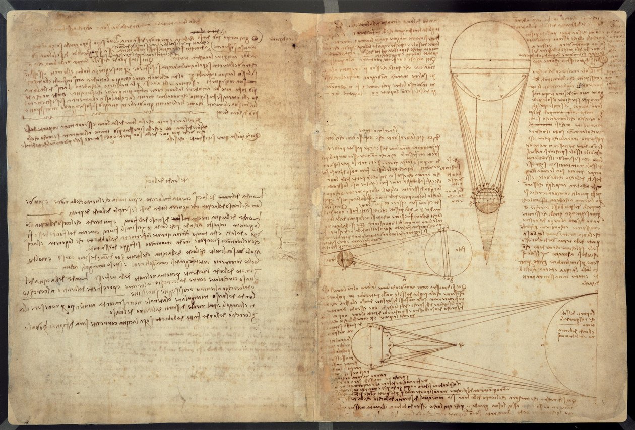 Studia iluminacji księżyca, strona z Codex Leicester, 1508-12 (tusz sepia na papierze lnianym) autorstwa Leonardo da Vinci