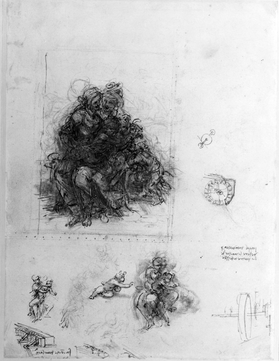 Studium do Matki Boskiej z Dzieciątkiem ze św. Anną, ok. 1501 (pióro i atrament na czarnej kredzie na papierze) autorstwa Leonardo da Vinci