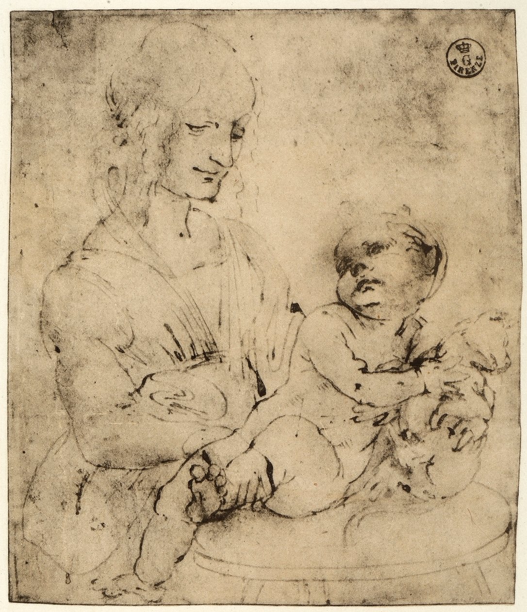 Studium Madonny z Dzieciątkiem (czarny tusz na papierze) autorstwa Leonardo da Vinci