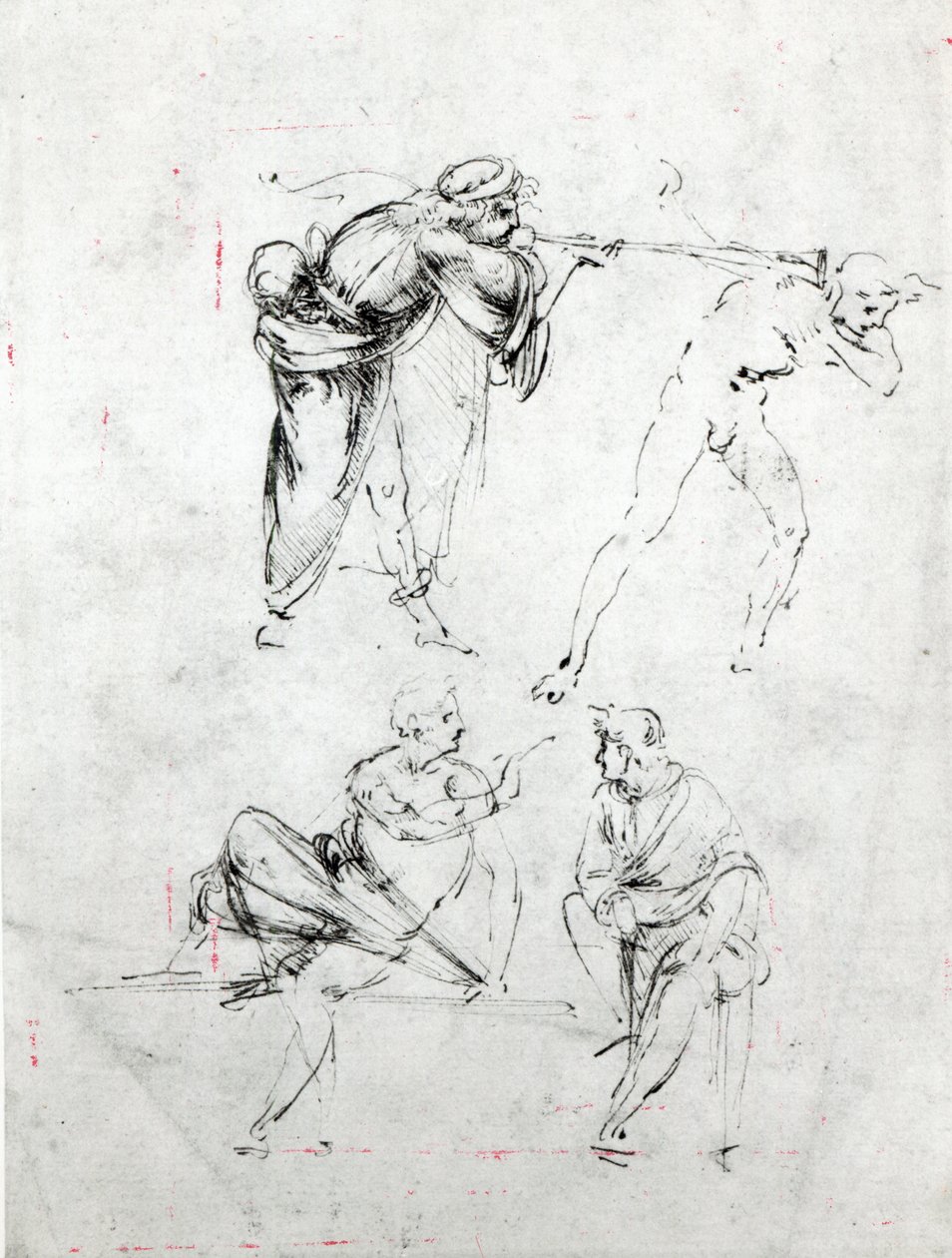 Studium mężczyzny dmącego w trąbę komuś innemu i dwóch postaci w rozmowie, ok. 1480-82 (pióro i atrament na papierze) autorstwa Leonardo da Vinci
