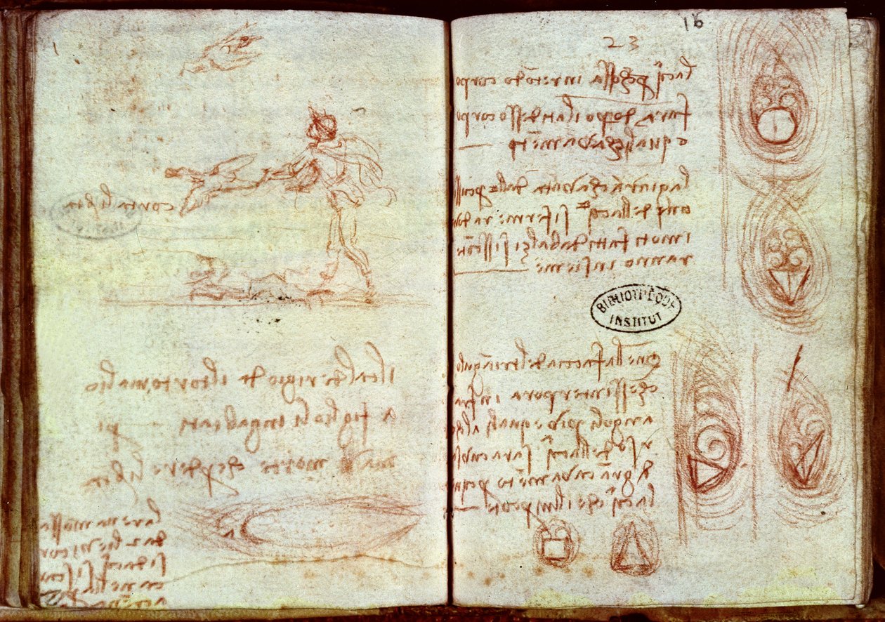 Badanie różnych właściwości aerodynamicznych różnych form ze szkicem Człowieka i dwóch Ptaków, Ms 7 (brązowa kreda na papierze) autorstwa Leonardo da Vinci