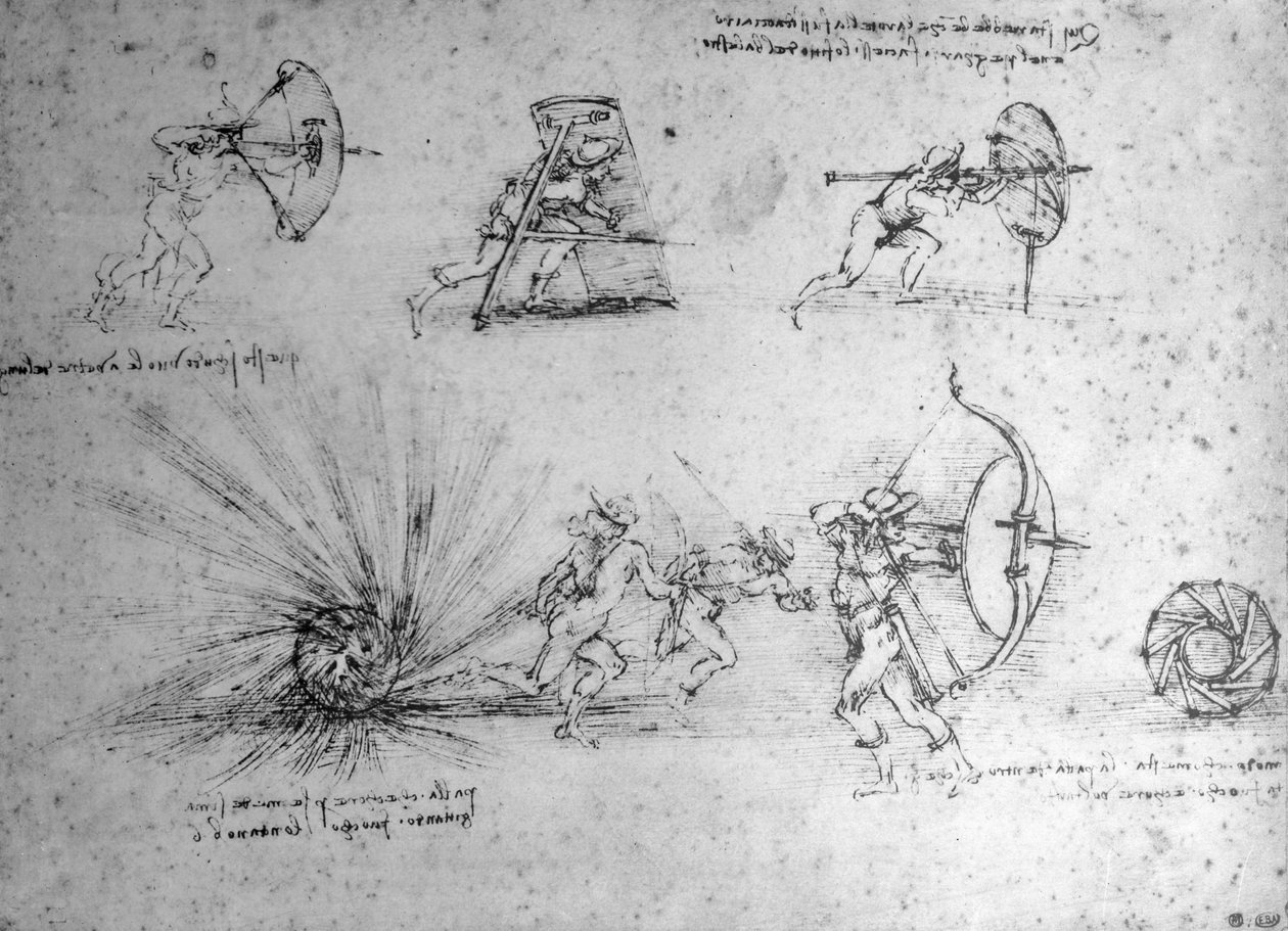 Study with Shields for Foot Soldiers and a Exploding Bomb, c.1485-88 (pióro i atrament na papierze) autorstwa Leonardo da Vinci