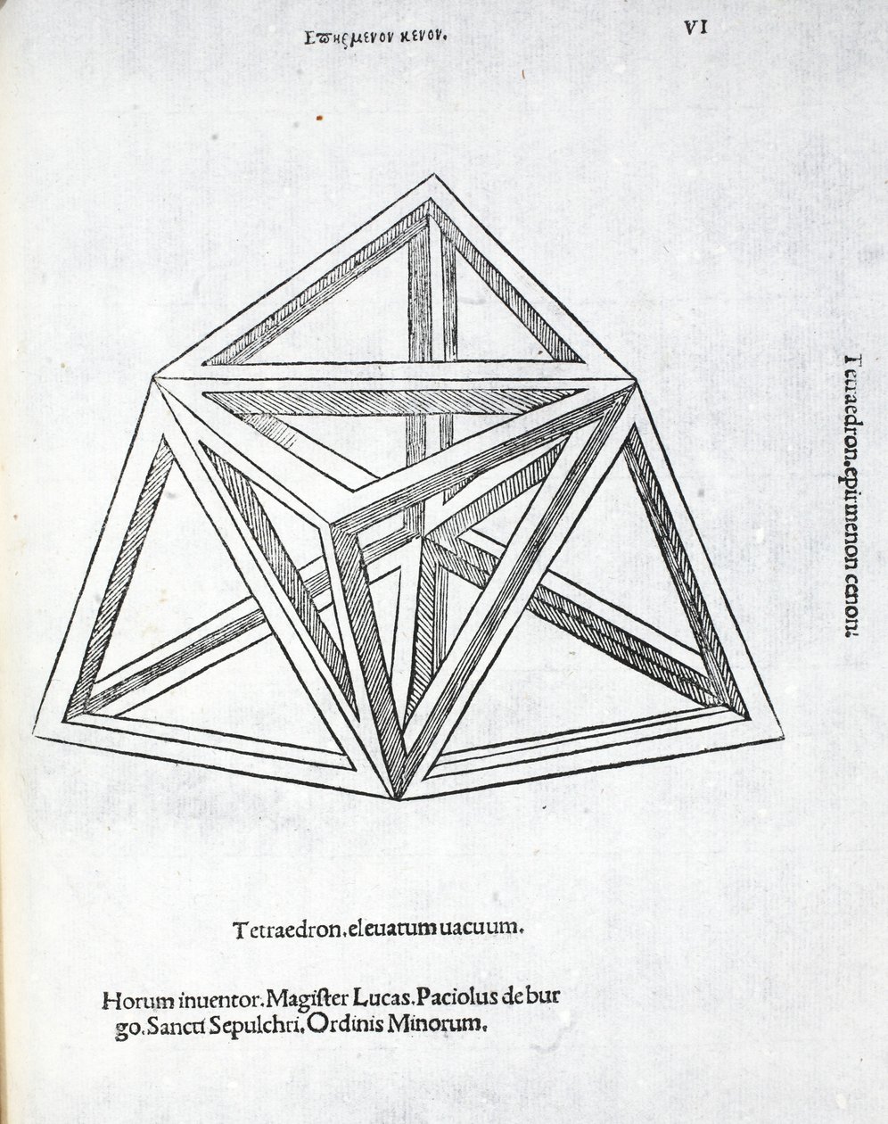Tetraedron podwyższone podciśnienie, ilustracja z „Boskiej proporcji” Luca Pacioli (c.1445-1517), pierwotnie wyd. Wenecja, 1509 autorstwa Leonardo da Vinci