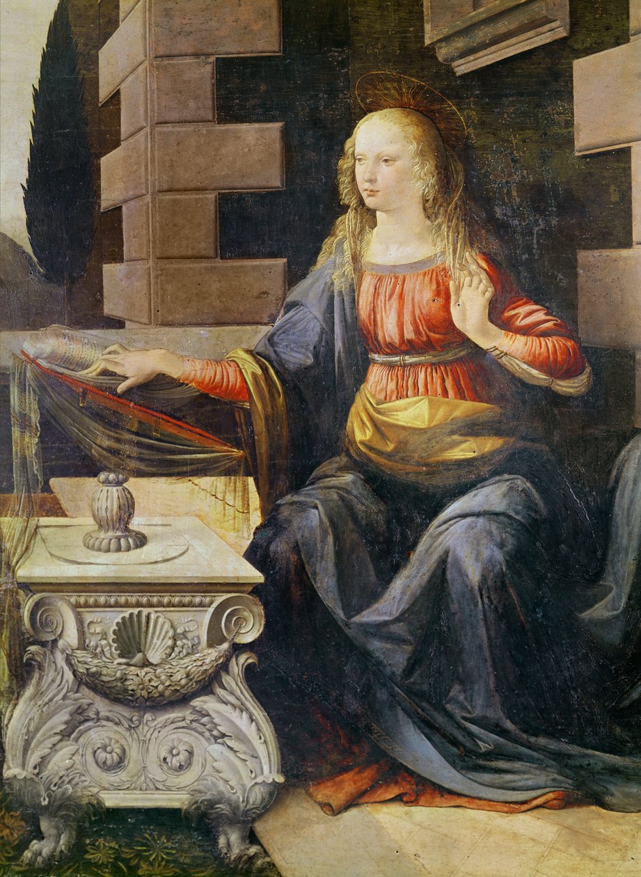 Detal Zwiastowania Najświętszej Marii Panny, ok.1472-1475 olej na drewnie autorstwa Leonardo da Vinci