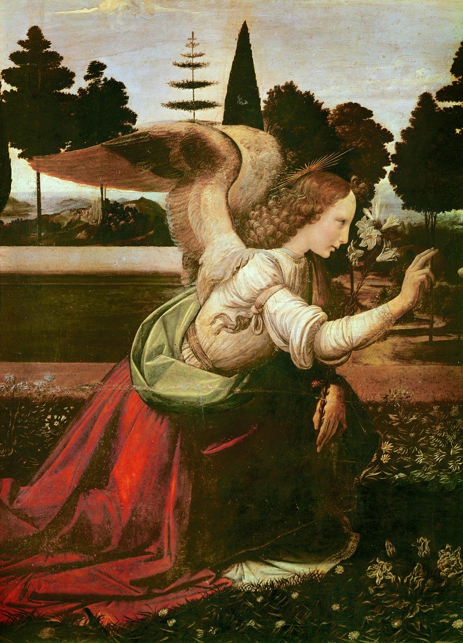 Szczegół Zwiastowania anioła, ok.1472-75 olej na drewnie autorstwa Leonardo da Vinci