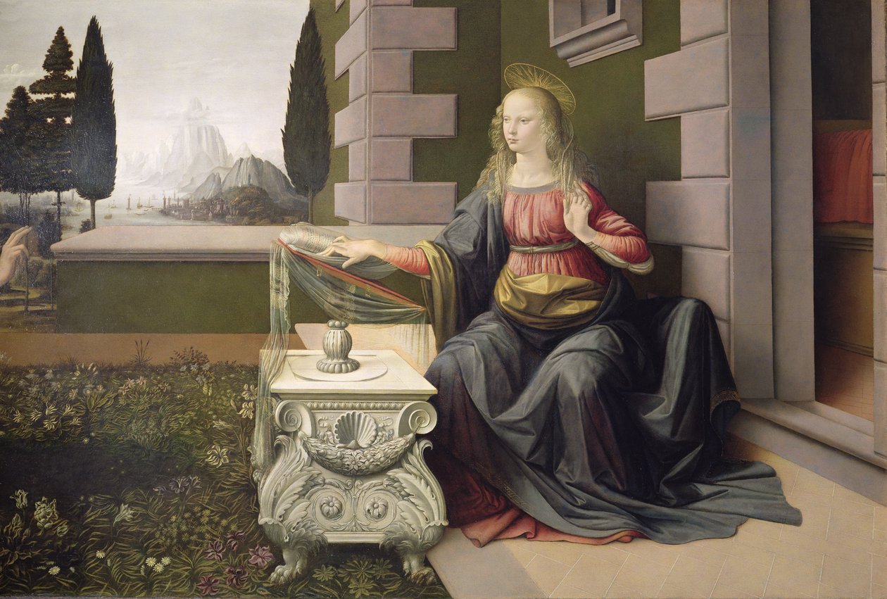 Maryja Panna, z Zwiastowania, 1472-75 (szczegół) (po restauracji) autorstwa Leonardo da Vinci