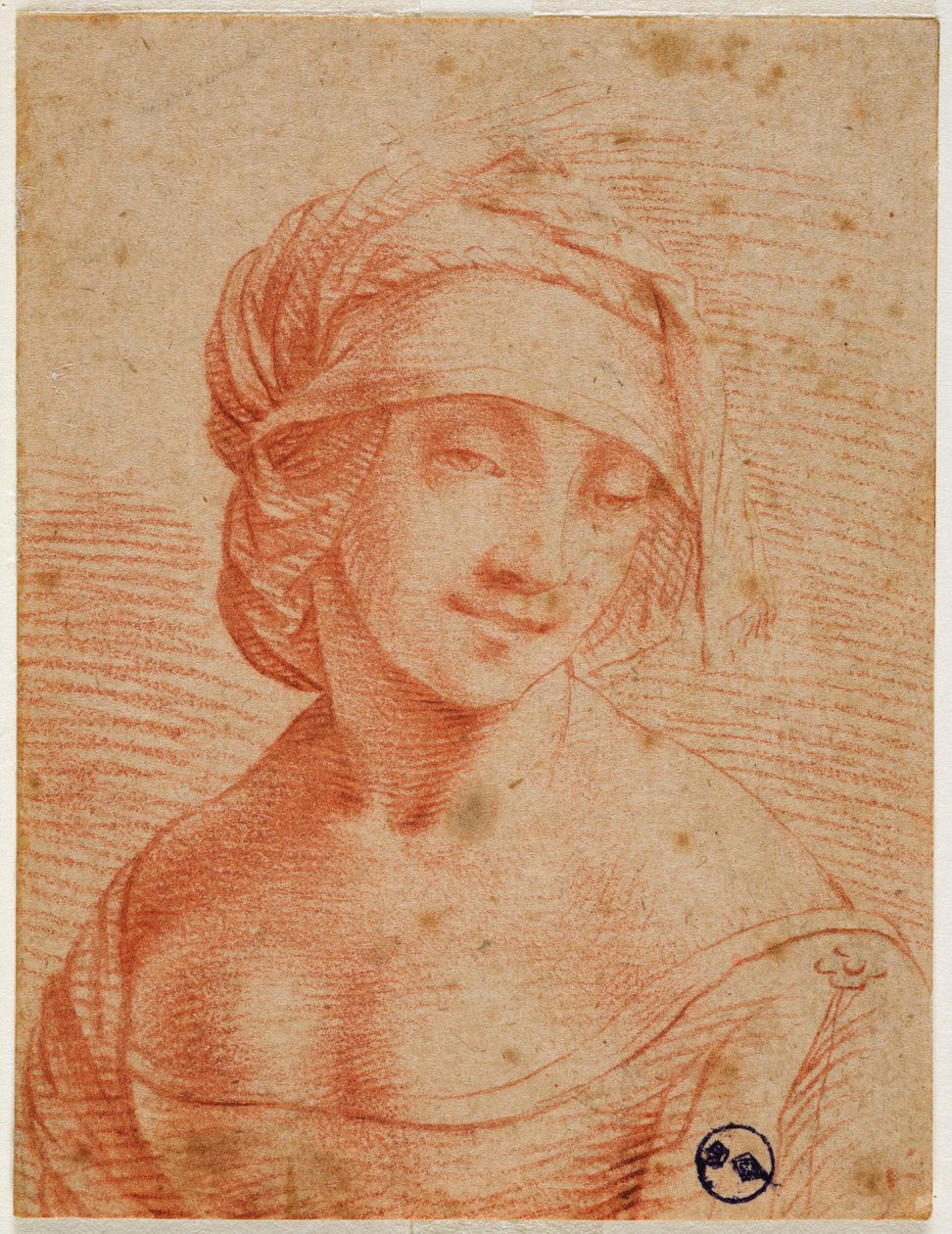 Popiersie młodej kobiety w czapce, I poł. XVI w. (krew na papierze) autorstwa Leonardo da follower of Vinci