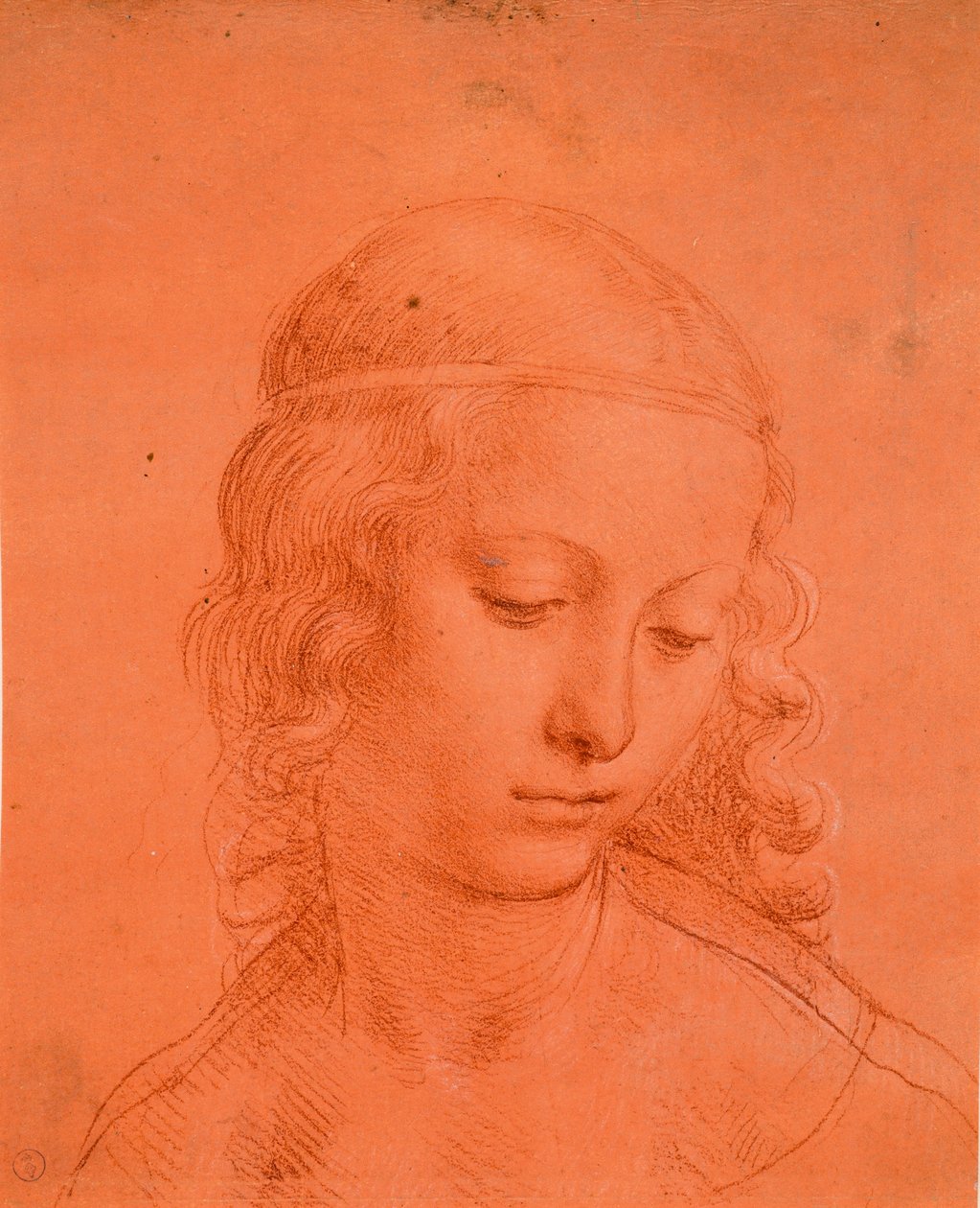 Głowa panien, ok. 1508-10 (krew z akcentami białego lakieru na przygotowanym czerwonym papierze) autorstwa Leonardo da school of Vinci