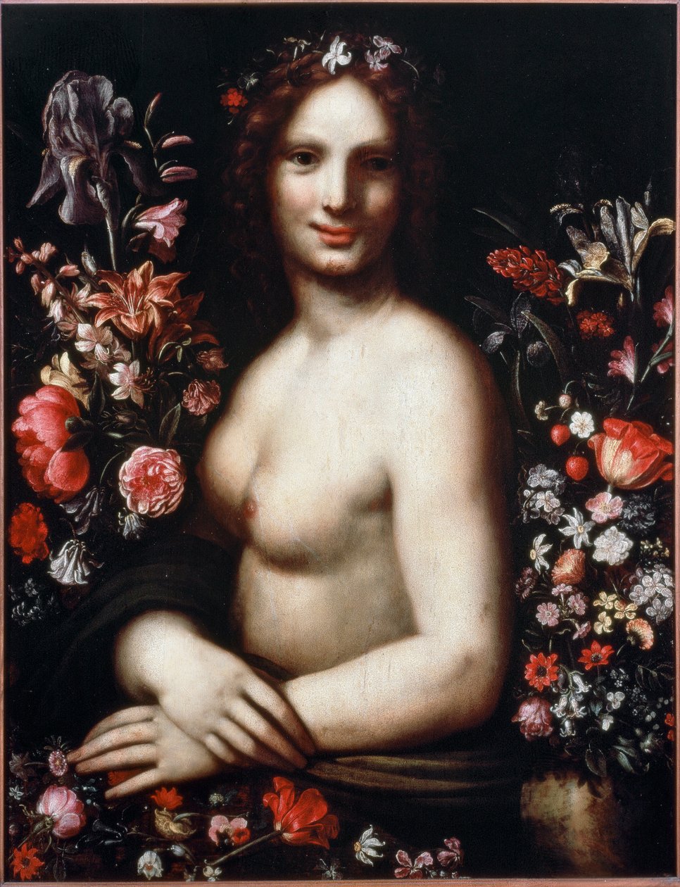 Popiersie młodej kobiety zwanej Flora (Flora) wśród kwiatów Wzorem będzie Mona Lisa (Mona lub Monna Lisa) Obraz wg rysunku Leonarda da Vinci (Leonard de Vinci) (1452-1519) Bergamo XVII w., akademia Carrara autorstwa Leonardo da (after) Vinci