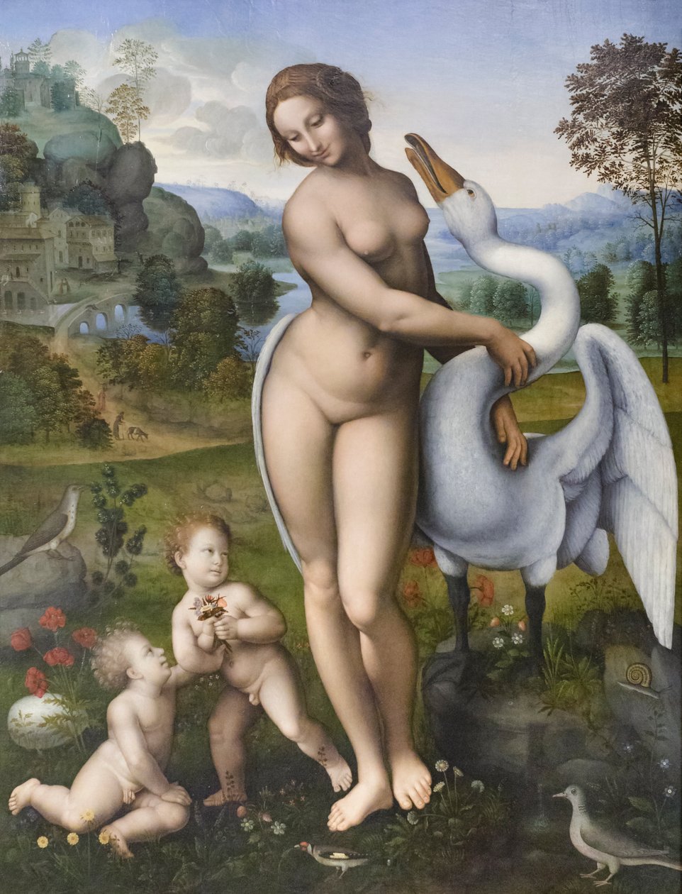 Leda i łabędź, kopia według Leonarda da Vinci (tempera na panelu) autorstwa Leonardo da (after) Vinci