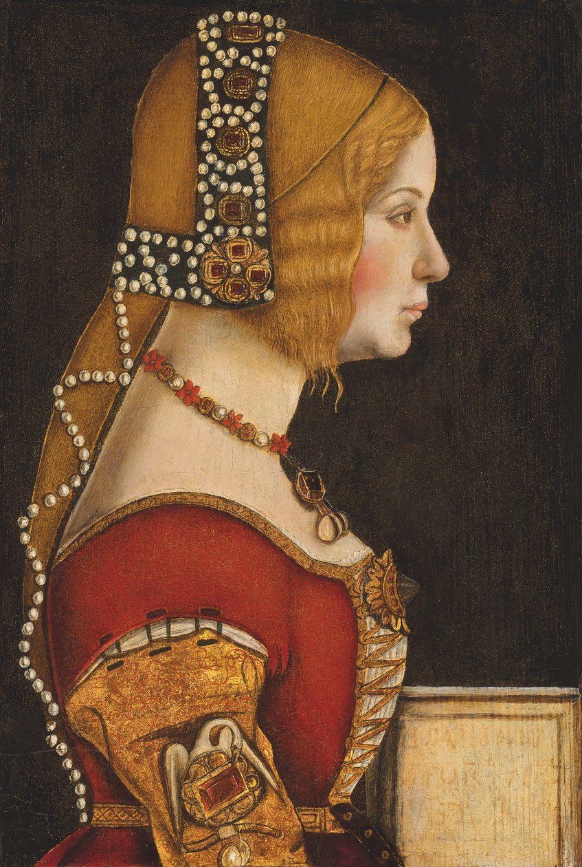 Portret Izabeli Aragońskiej, księżnej Mediolanu (1470-1524), półdługi, z profilu w prawo (olej na płycie) autorstwa Leonardo da (circle of) Vinci