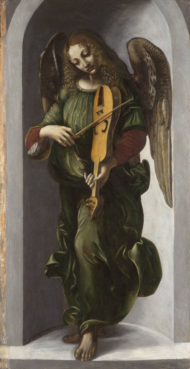 „Anioł w zieleni grający stary (stary)” Obraz ze świty Leonarda da Vinci (Leonardo da Vinci) (1452-1519) około 1490-1499 Londyn Galeria Narodowa autorstwa Leonardo da (circle of) Vinci