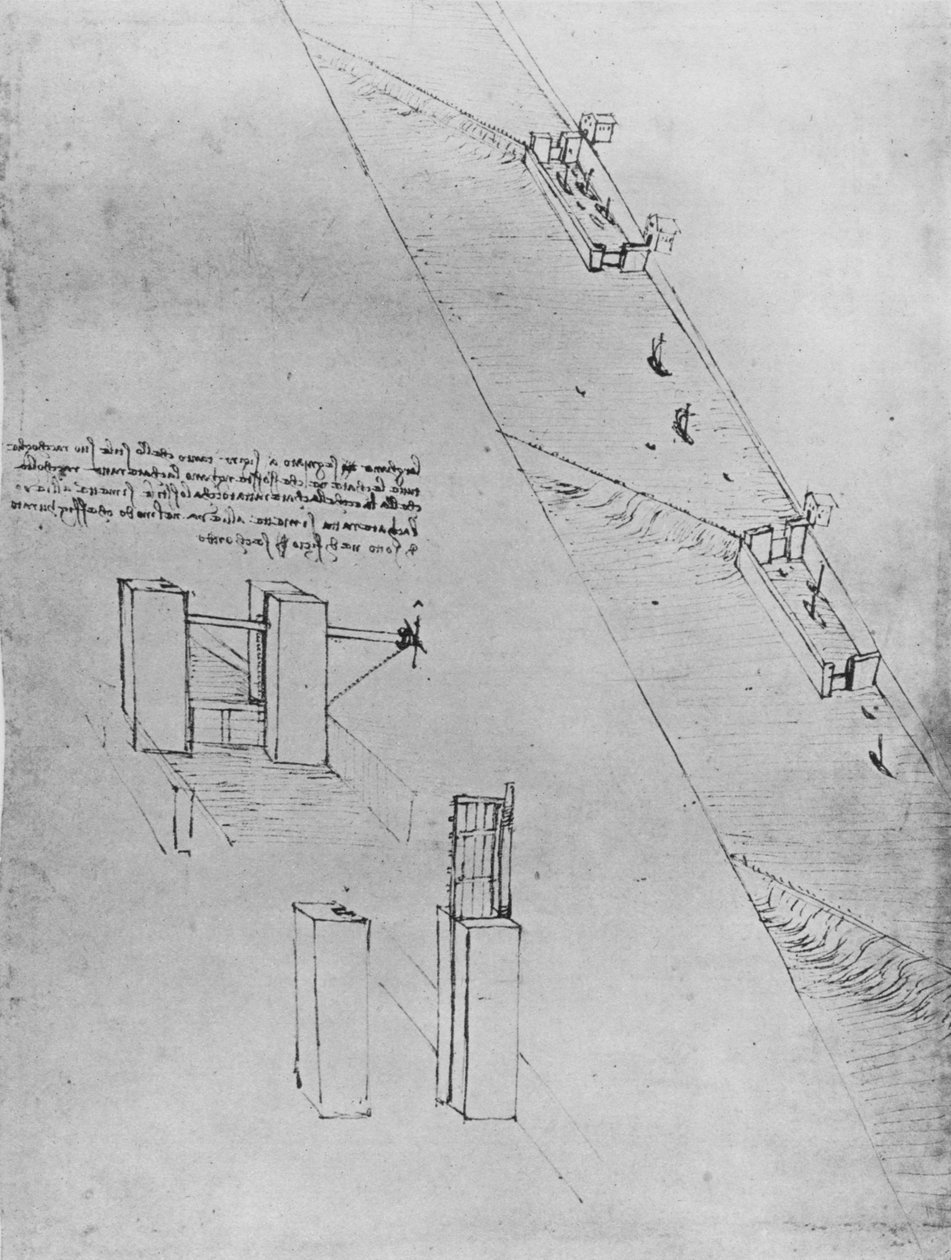Kanał ze śluzami i jazami, ok. 1480 1945 r. autorstwa Leonardo da Vinci