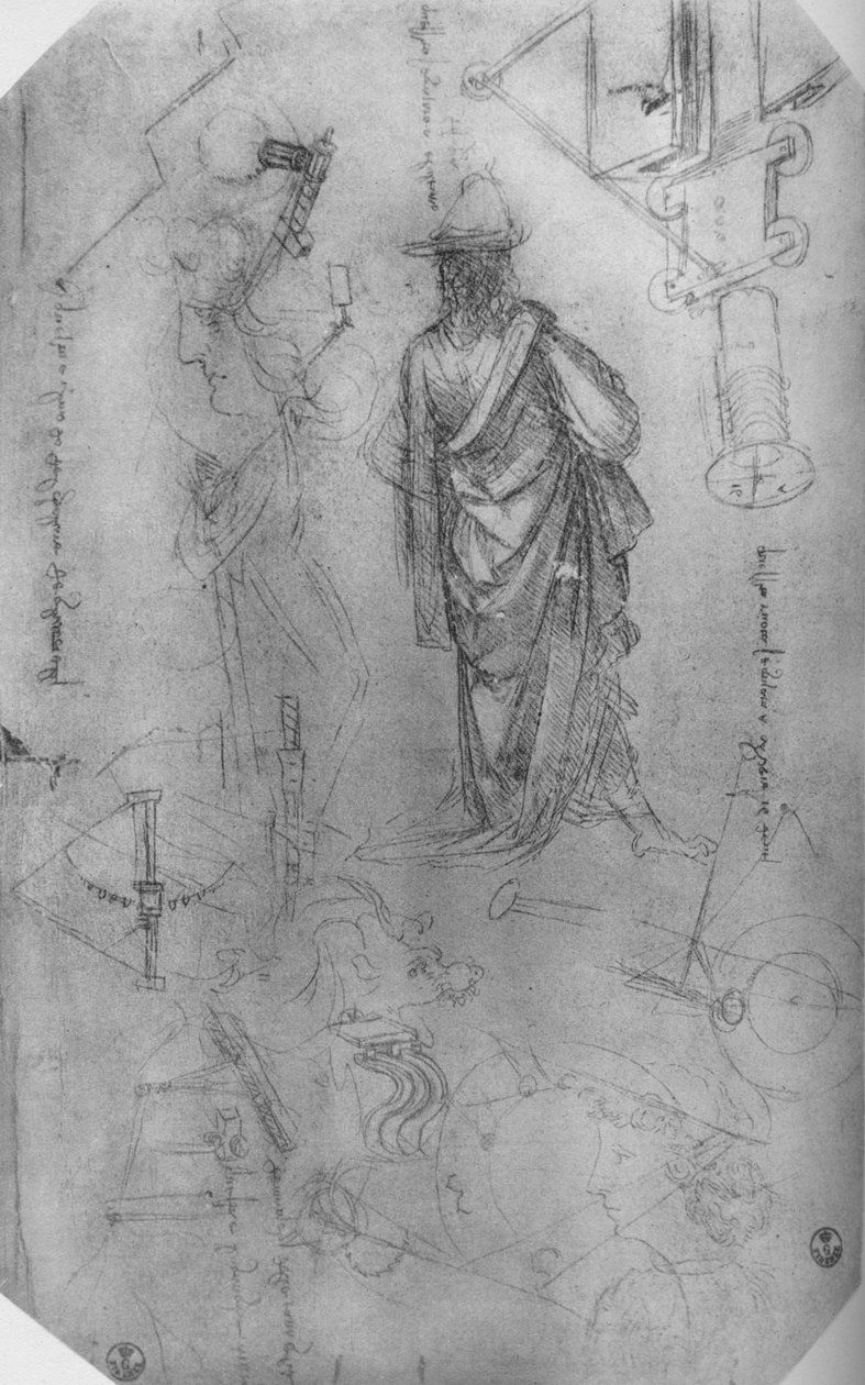 Udrapowana postać, badania maszyn itp., c1480 1945 autorstwa Leonardo da Vinci