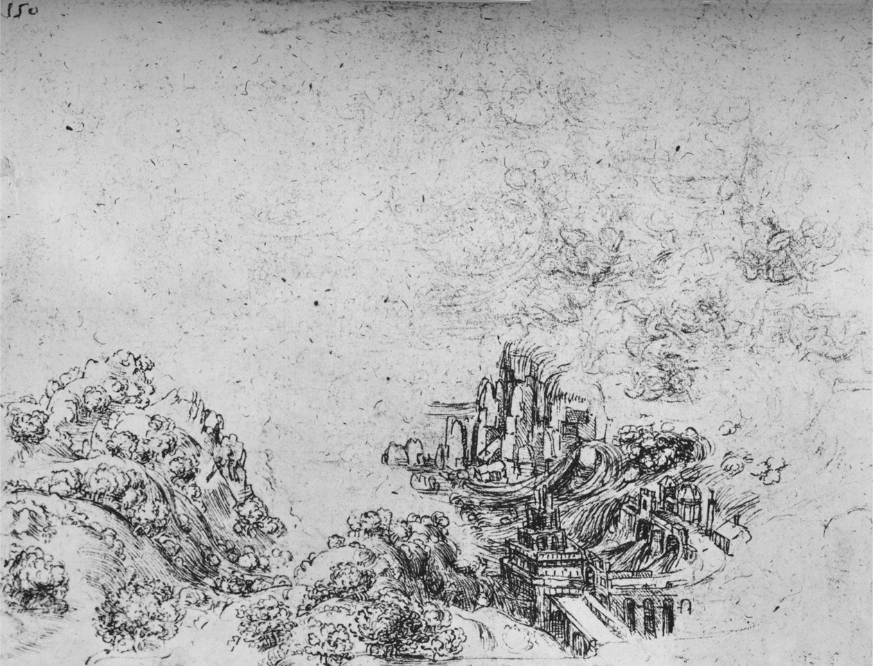 Powódź wdzierająca się do doliny, ok. 1480 1945 r. autorstwa Leonardo da Vinci