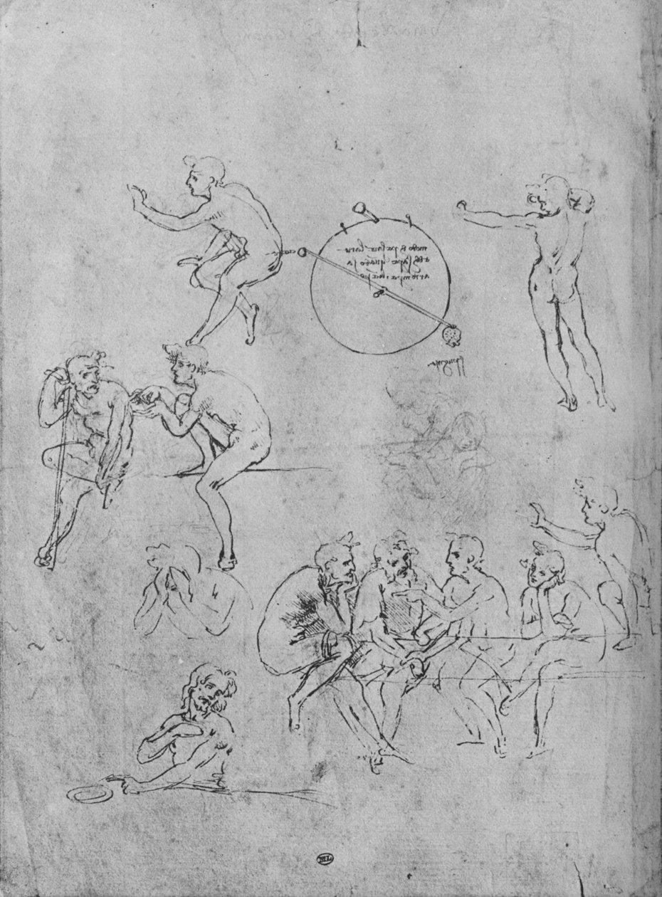 Grupa postaci rozmawiających przy stole, dwie postacie w rozmowie i inni, 1481-1483 1945 autorstwa Leonardo da Vinci