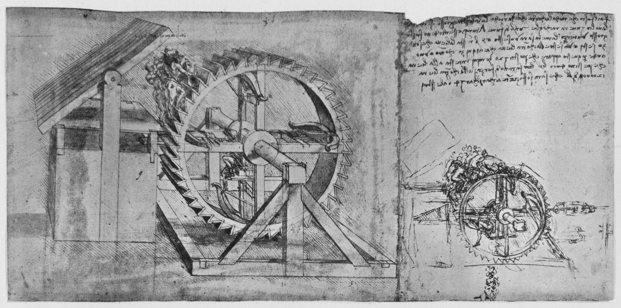 Duże koło, które zostało rozwiązane i wystrzeliwuje kolejno cztery kusze, c1480, 1945 r autorstwa Leonardo da Vinci