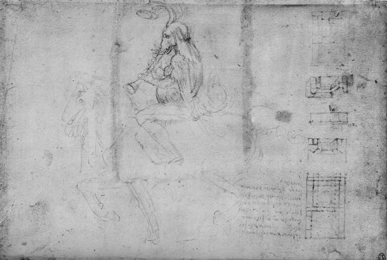 Mężczyzna z głową słonia jadącego konno i szkice architektoniczne, ok. 1480 1945 r. autorstwa Leonardo da Vinci