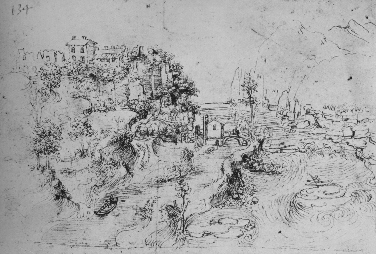 Rzeka wraz z kanałem i zamkiem na wzgórzu, ok. 1480 1945 r. autorstwa Leonardo da Vinci