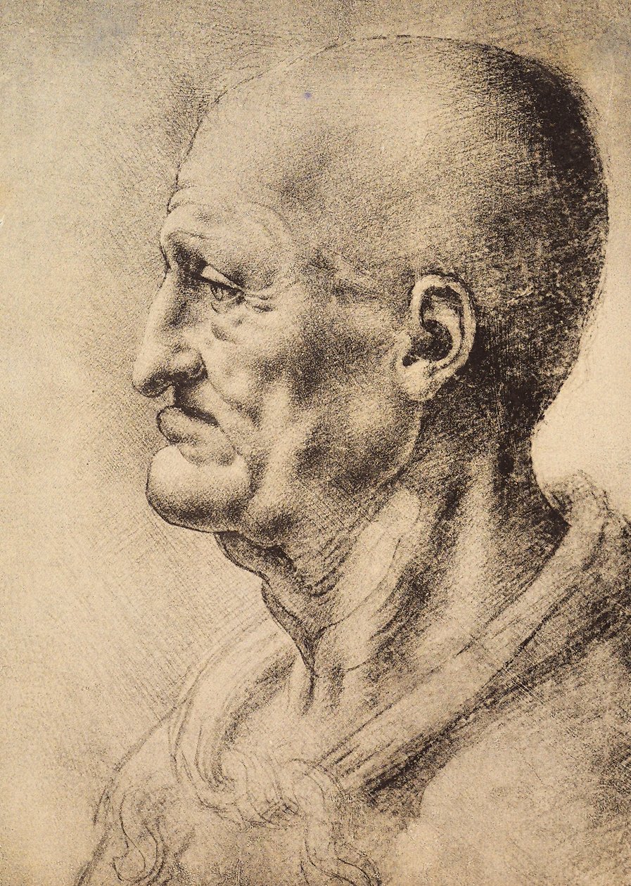 Mężczyzna przedstawiony z profilu, rysunek Leonarda da Vinci, zachowany w Sali Rysunków i Grafiki, Galeria Uffizi, Florencja. autorstwa Leonardo da Vinci