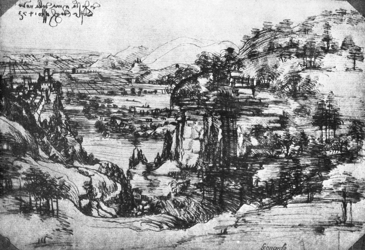 Szkic widoku wsi, XV w. 1930. autorstwa Leonardo da Vinci