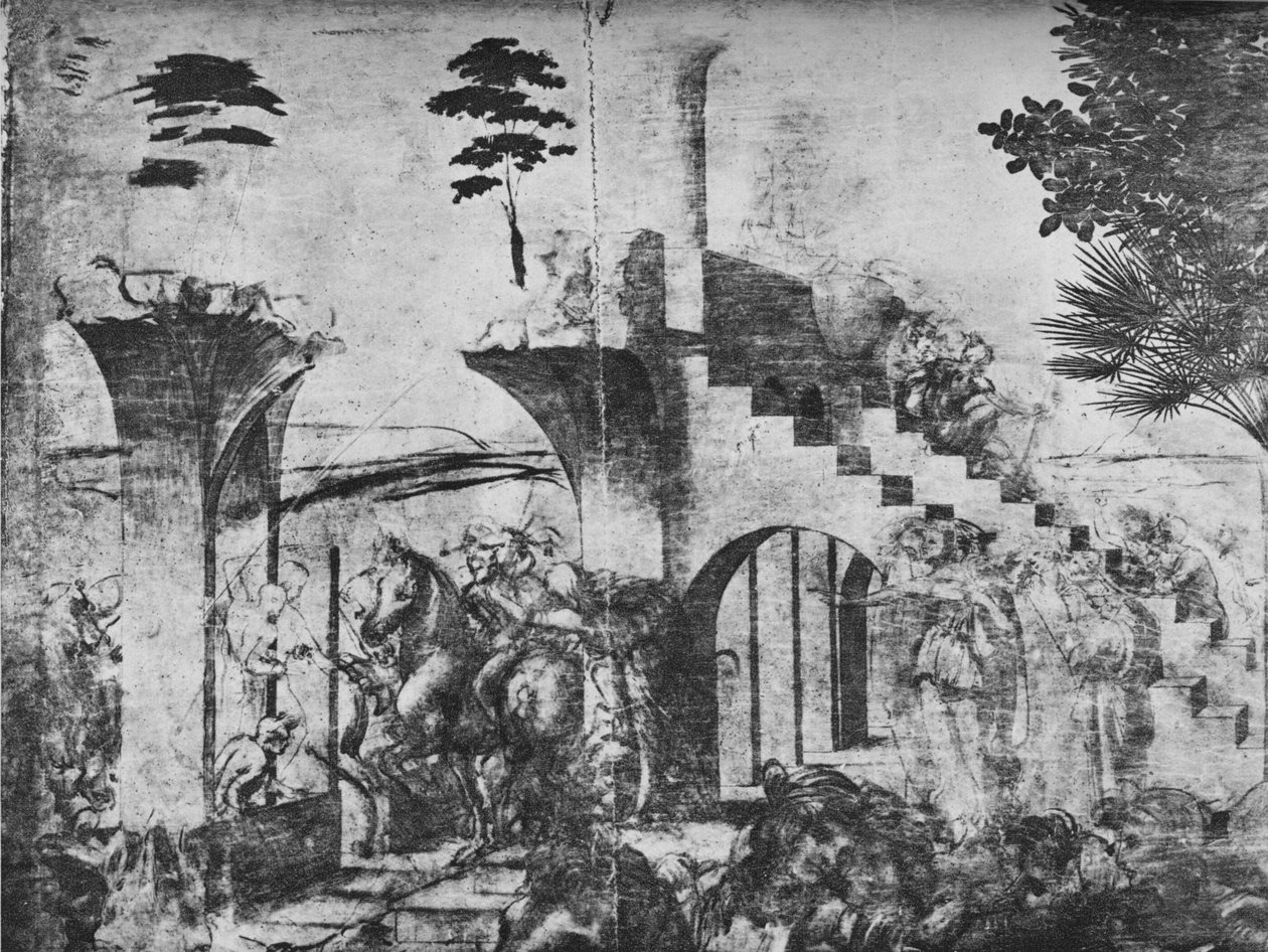Pokłon Trzech Króli - Jeźdźców w środkowej odległości po lewej stronie, c1481 1945 autorstwa Leonardo da Vinci