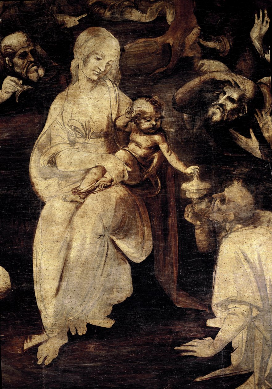 Adoracja magów. Szczegółowo Matki Boskiej. (olej na drewnie autorstwa Leonardo da Vinci