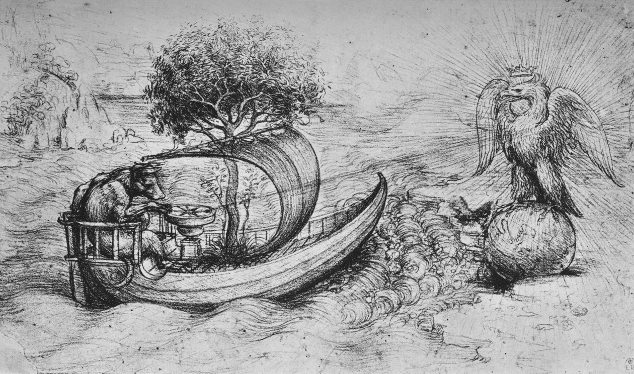 Alegoria: Orzeł w koronie stojący na globusie i wilk kierujący łodzią, c1480 1945 autorstwa Leonardo da Vinci