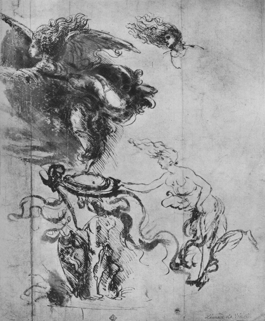 Anioł umieszczający tarczę na trofeum i oddzielne studia nad aniołem, ok. 1480 1945 r. autorstwa Leonardo da Vinci