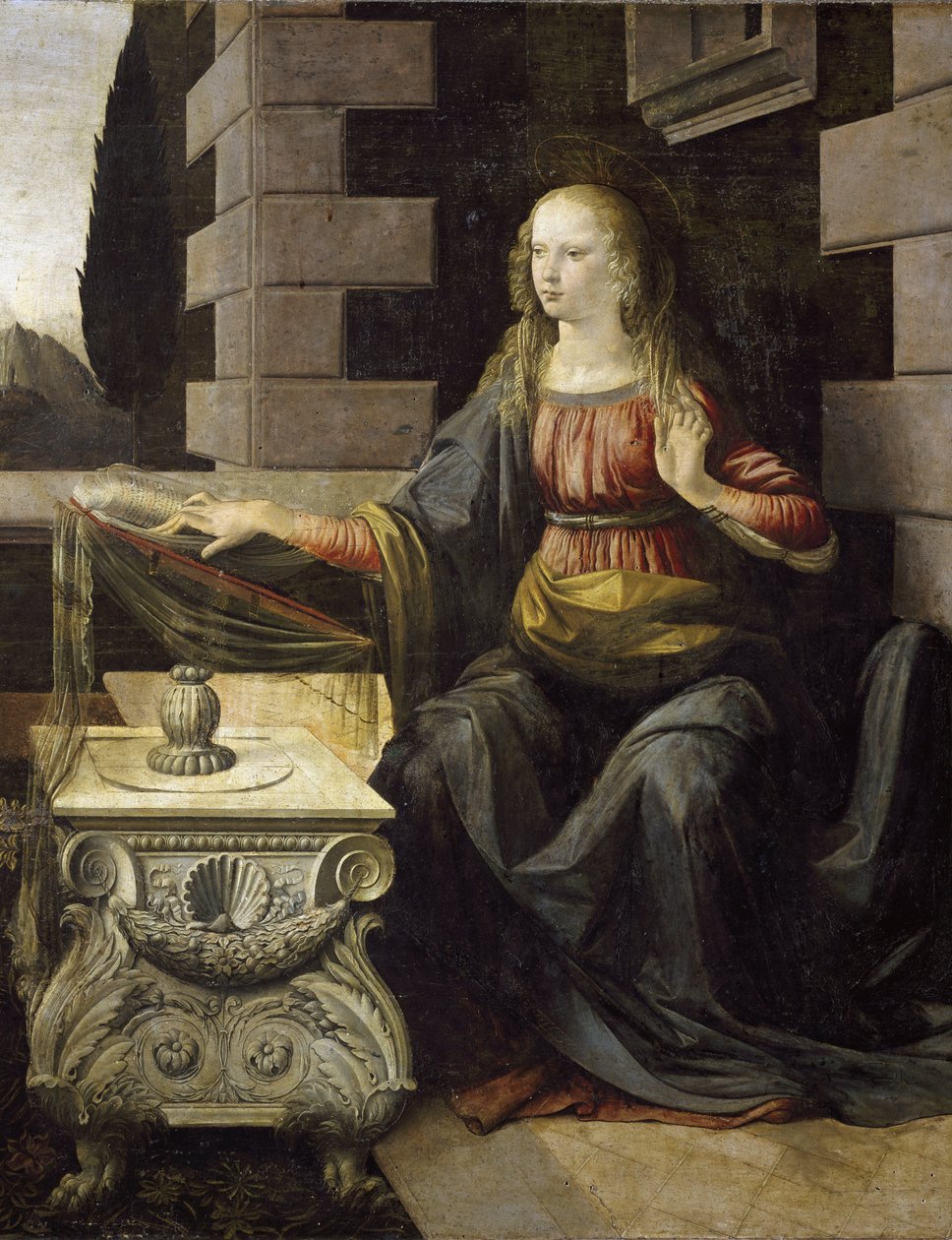 Zwiastowanie. Detal Matki Boskiej i jej biurka, ozdobiony muszlą św. Jakuba (olej i tempera na drewnie, ok. 1475) autorstwa Leonardo da Vinci