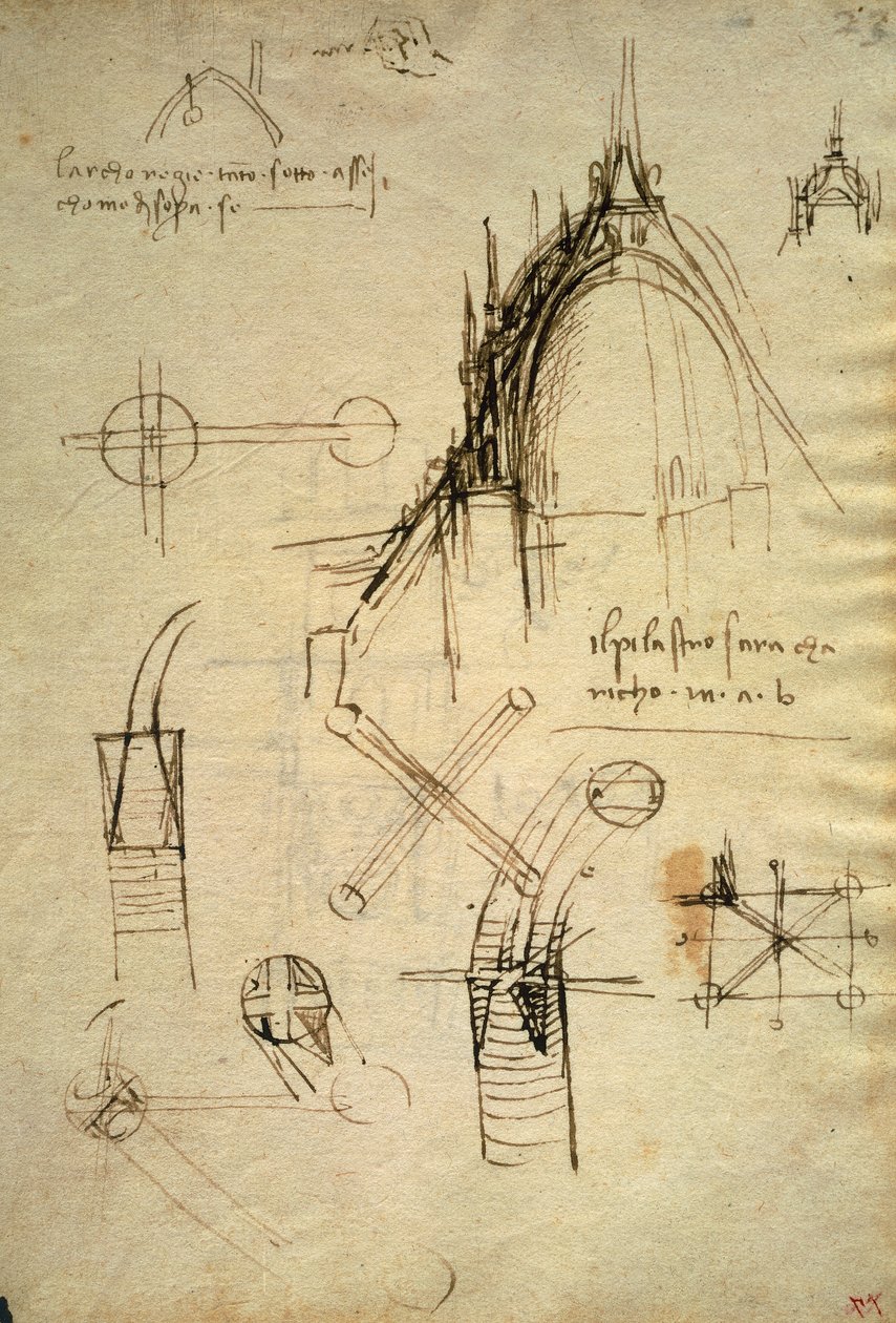 Detale architektoniczne i przekrój kopuły katedry Duomo w Mediolanie, f41 Kodeksu Trivulzianus autorstwa Leonardo da Vinci