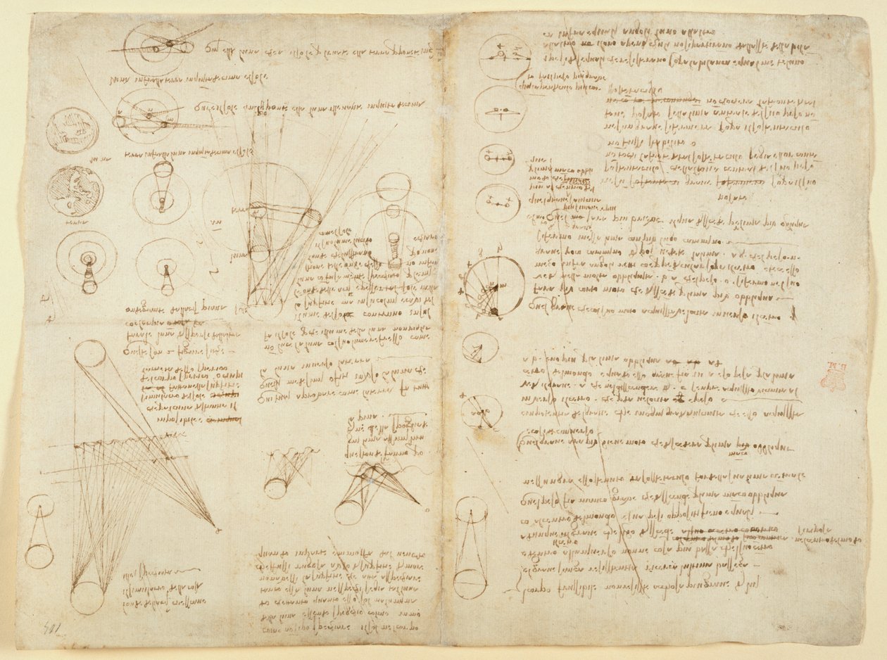 Arundel 263 f.107v f.104 Uwagi i diagramy dotyczące mechaniki, z „Codex Arundel”, c.1506-8 (pióro i atrament na papierze) autorstwa Leonardo da Vinci