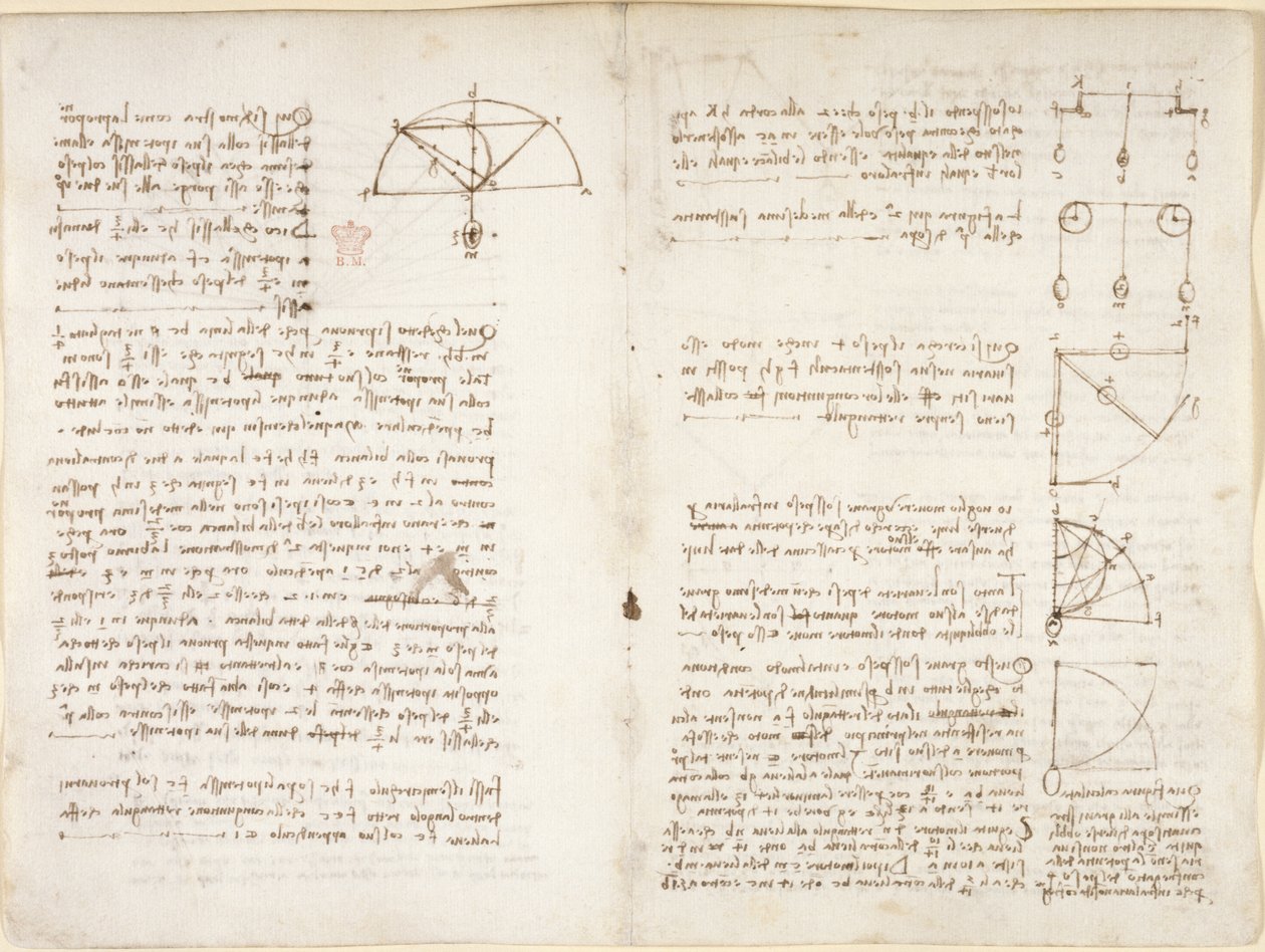 Arundel 263, f.10v, f.5 Uwagi i schemat mechaniki autorstwa Leonardo da Vinci