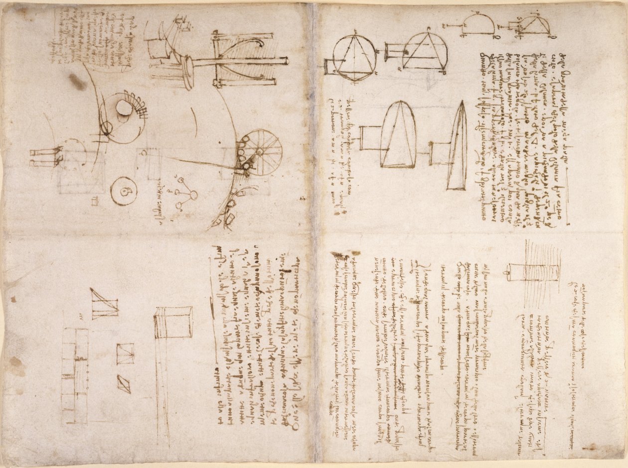 Arundel 263, f.133v, f.130r, Notatki, schematyczne szkice i diagramy z 