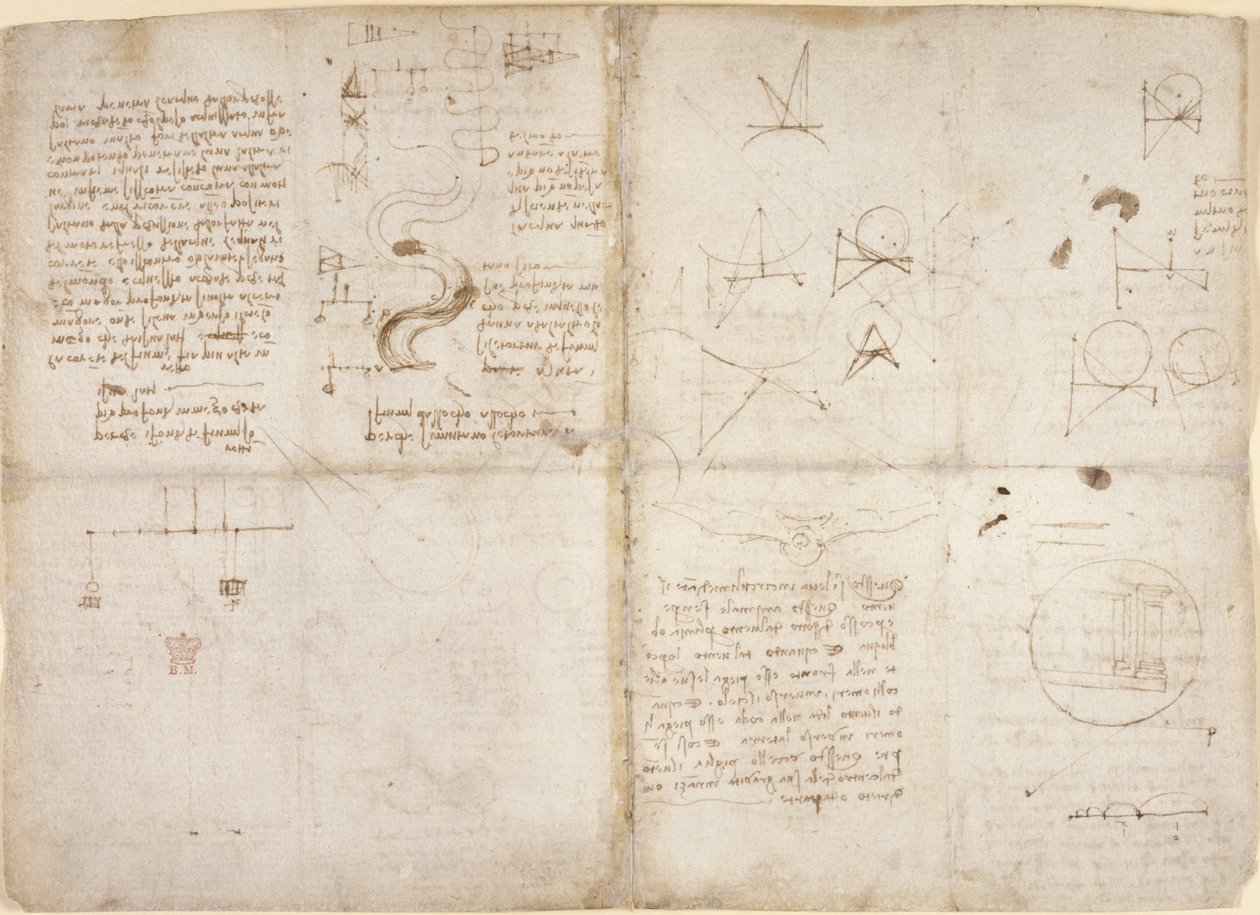 Arundel 263, f.135v, f.134, Uwagi i wykresy dotyczące mechaniki; notatki i schematyczne szkice dotyczące cieków rzecznych i przepływu wody, z 