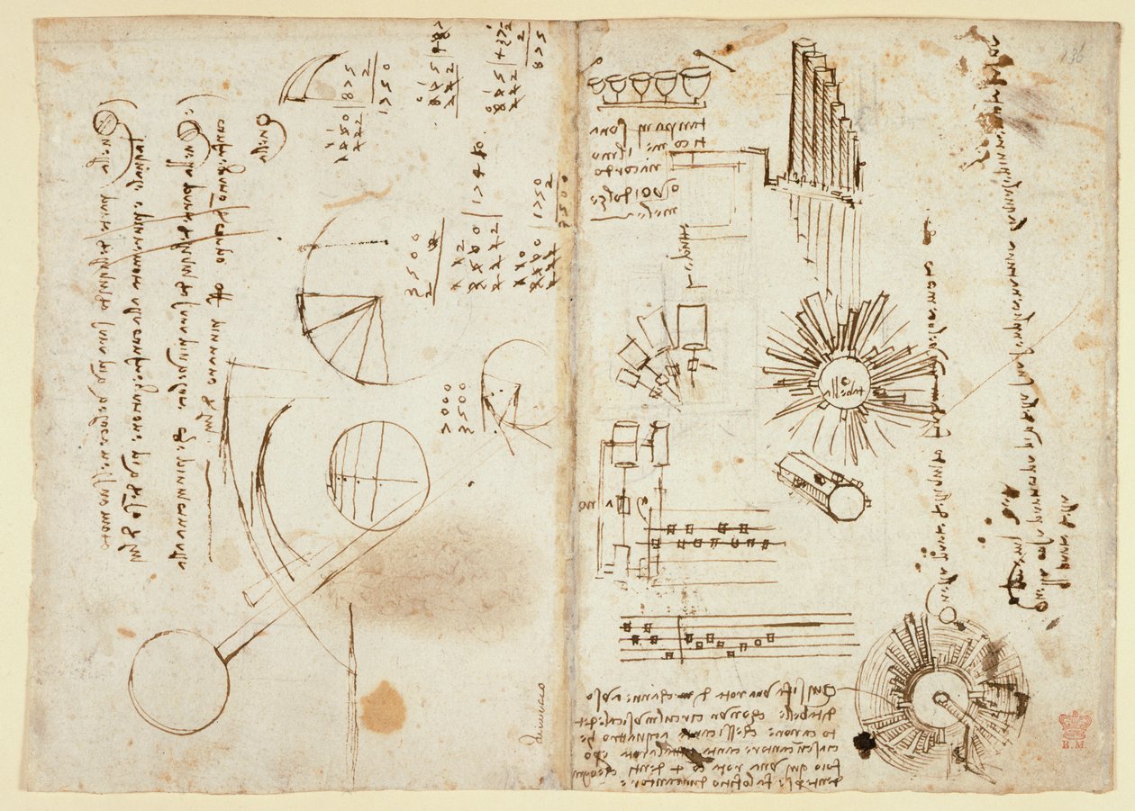 Arundel 263 f.137v, f.136 Notatki i przybliżone diagramy (side-on); obliczenia matematyczne (side-on), z „Codex Arundel” (pióro i atrament na papierze) autorstwa Leonardo da Vinci