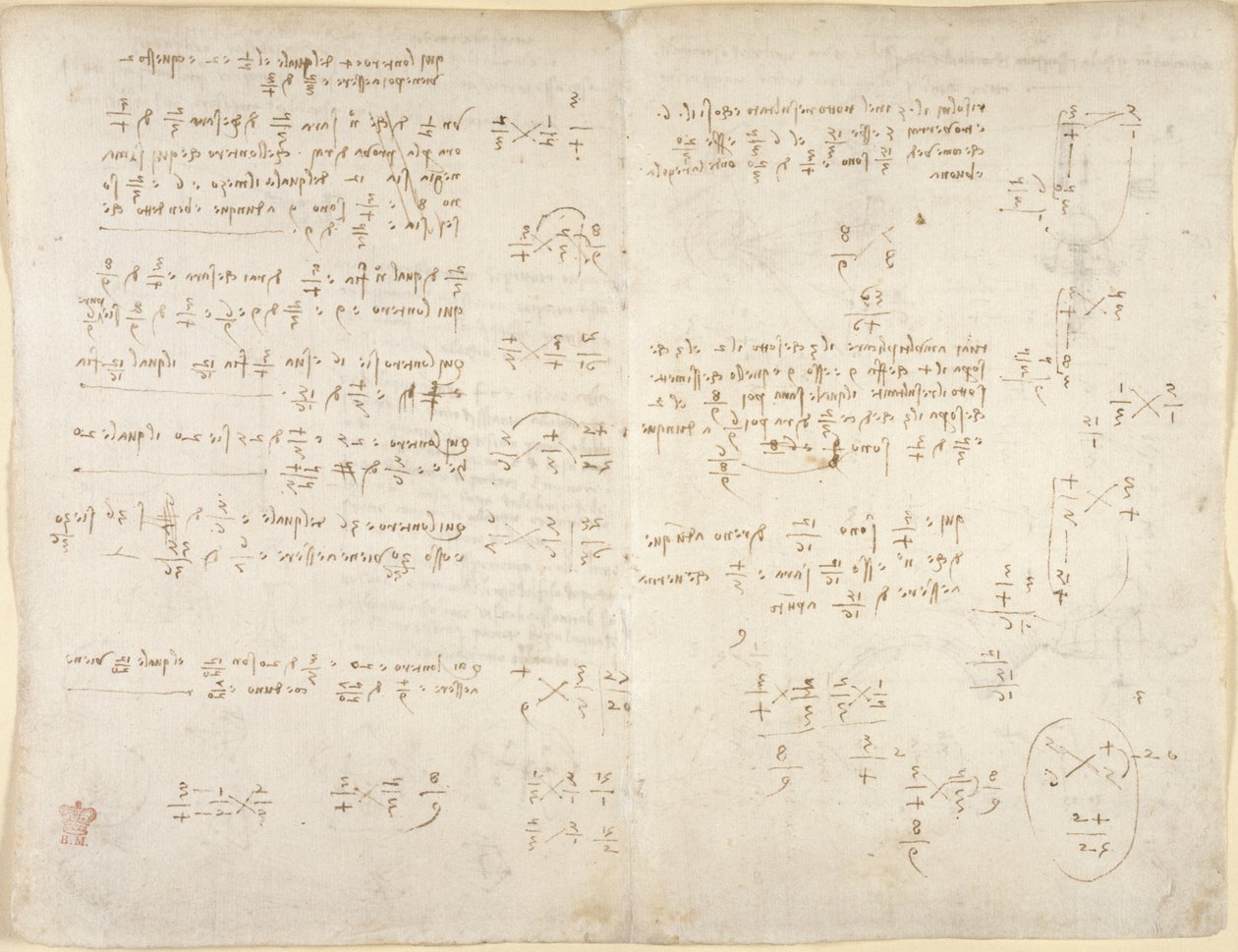 Arundel 263, f.220v, f.221, Uwagi; obliczenia matematyczne, z „Codex Arundel” (pióro i atrament na papierze) autorstwa Leonardo da Vinci