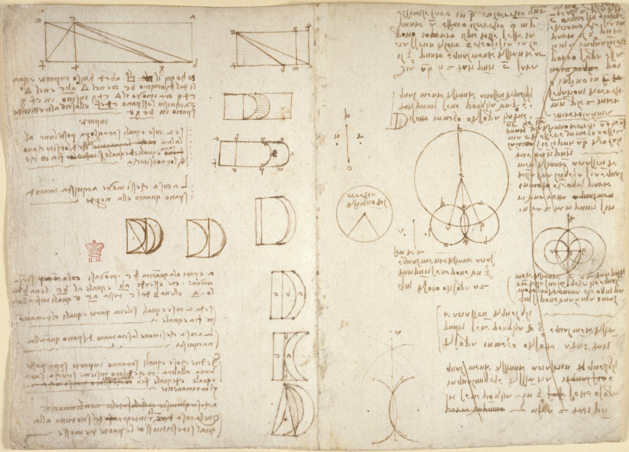 Arundel 263, f.222v, f.219, Rysunki dotyczące sił i sił mechanicznych, perkusji, grawitacji, ruchu, optyki i astronomii, z różnymi twierdzeniami arytmetycznymi i geometrycznymi (pióro i tusz na papierze) autorstwa Leonardo da Vinci