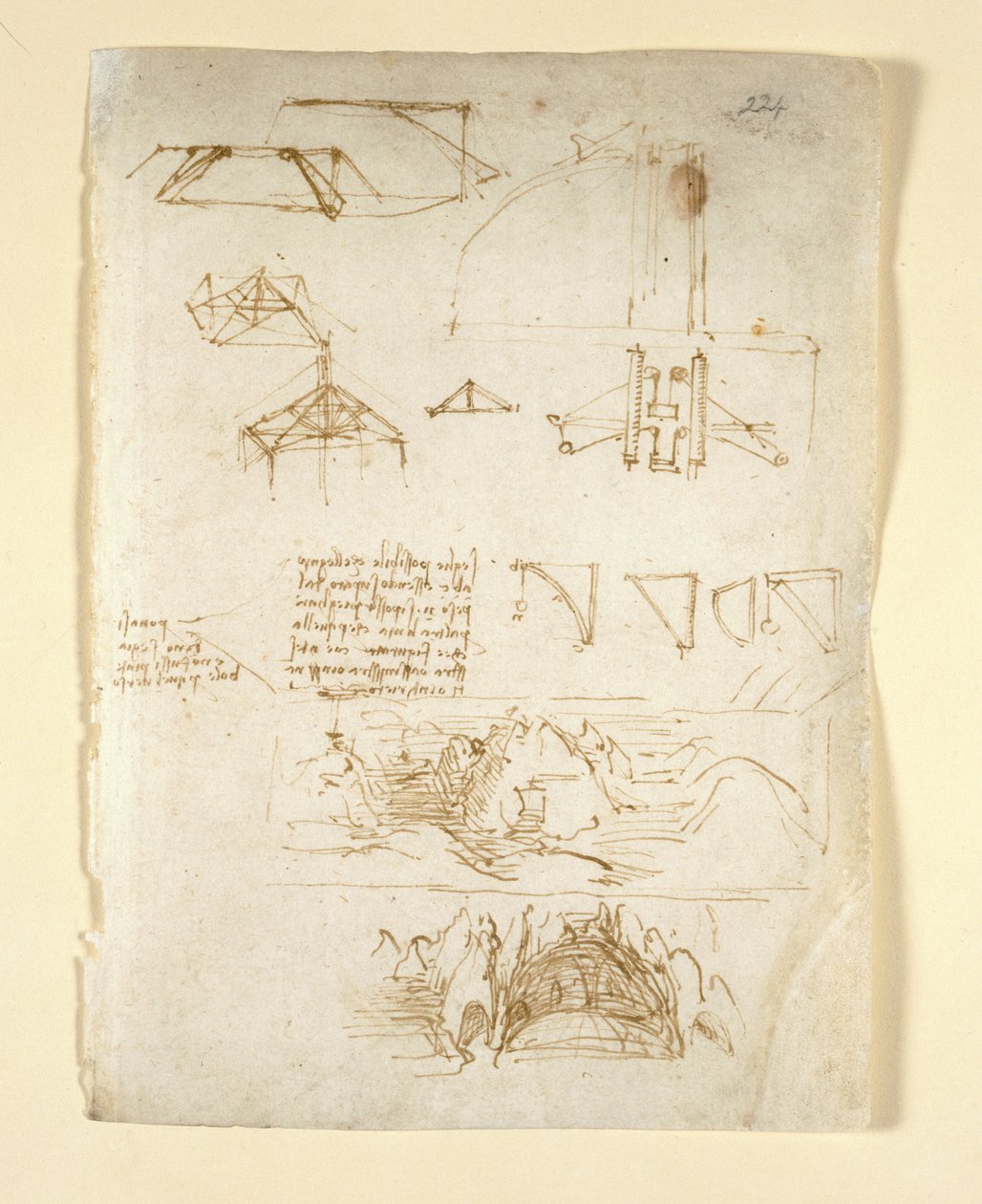 Arundel 263, f.224 Uwagi i wykresy; szkice gór i jaskini, z „Codex Arundel” (pióro i tusz na papierze) autorstwa Leonardo da Vinci