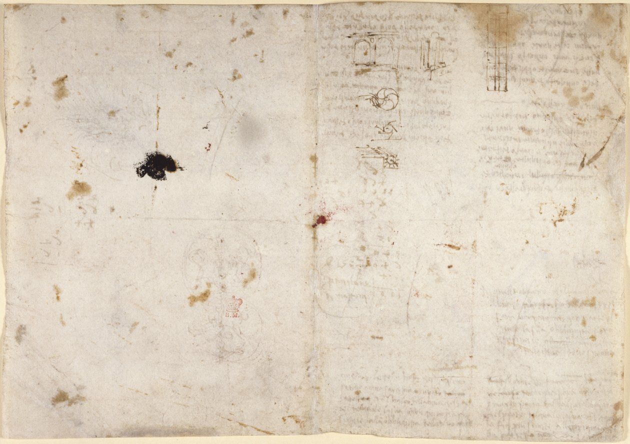 Arundel 263, f.225v, f.230 Rysunki dotyczące sił i sił mechanicznych, perkusji, grawitacji, ruchu, optyki i astronomii, z różnymi propozycjami arytmetycznymi i geometrycznymi (pióro i tusz na papierze) autorstwa Leonardo da Vinci