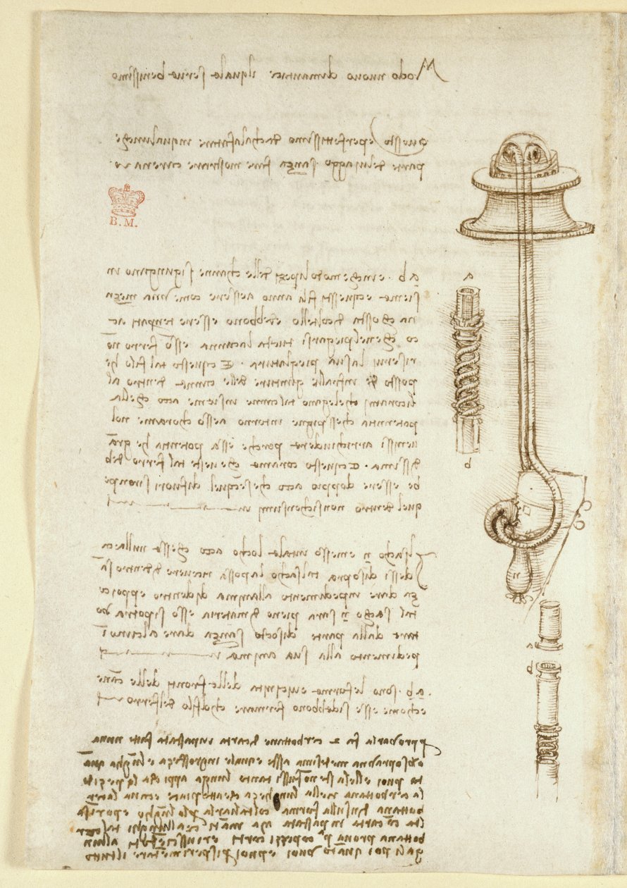 Arundel 263, f.24v Notatki i szkice ilustrujące badanie Leonarda nad aparatem oddechowym dla nurka (1508), z „Codex Arundel” (pióro i atrament na papierze) autorstwa Leonardo da Vinci