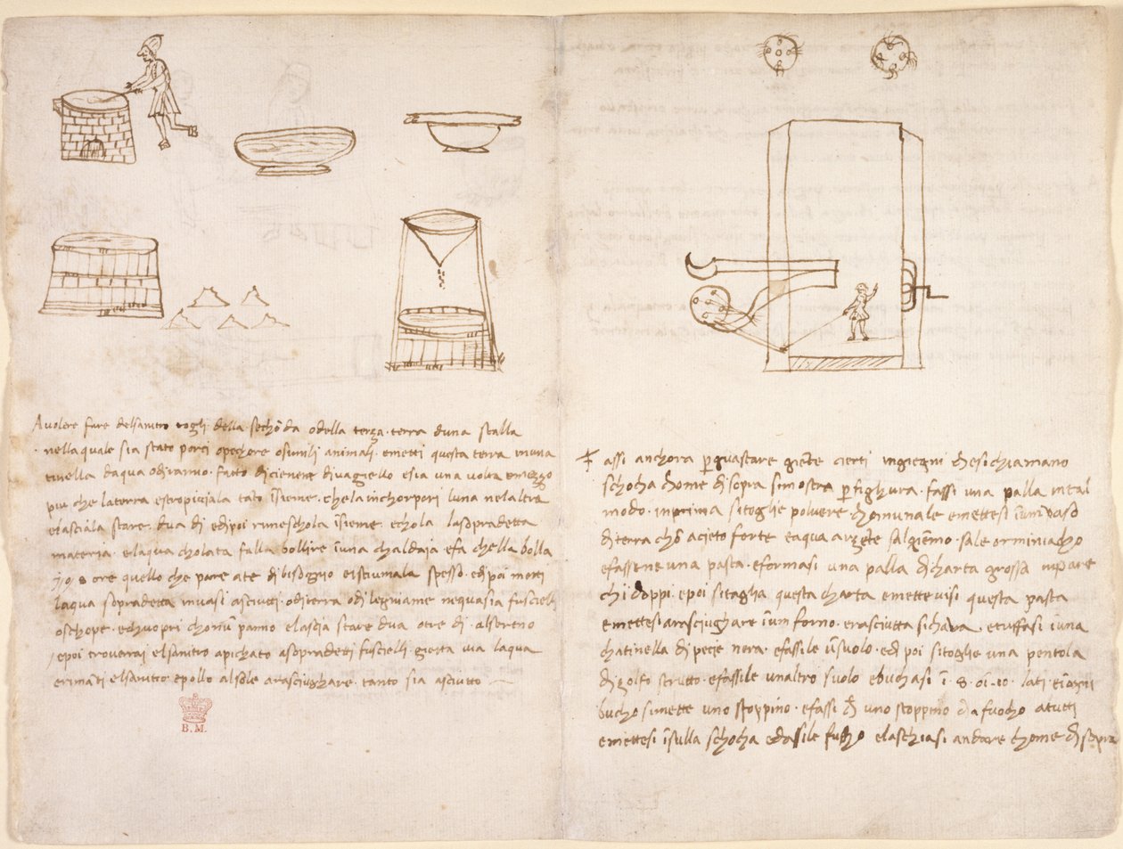 Arundel 263, f.259v, f.260 Notatki i prymitywne szkice dotyczące procesu produkcji saletry do przygotowania prochu strzelniczego (nie w ręku Leonarda) (pióro i atrament na papierze) autorstwa Leonardo da Vinci