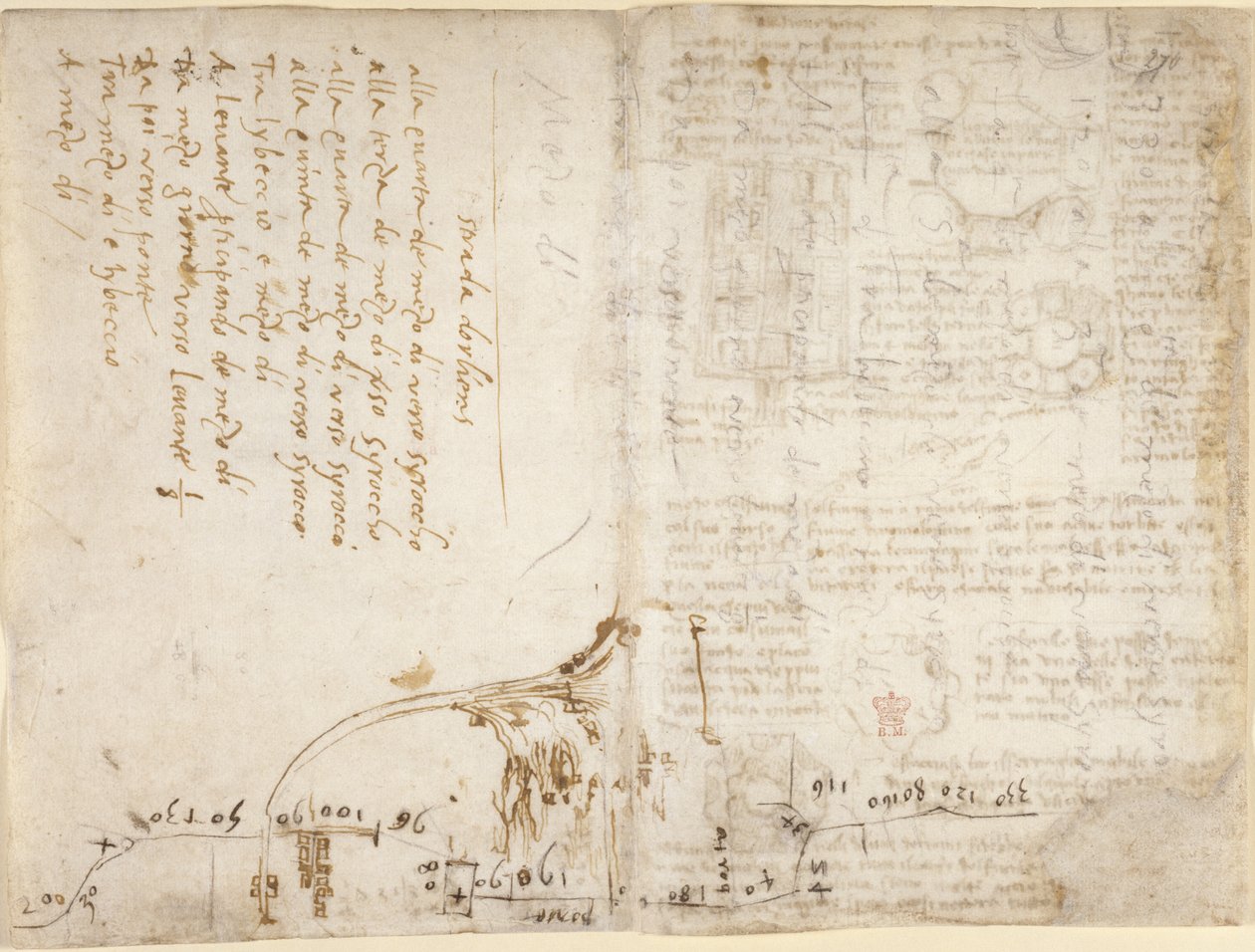 Arundel 263, f.263v, f.270 Notatka i szkic opisujący trasę „Drogi do Orleanu” z miasta Romorantin (autorstwa Francesco Melzi) (strona na boku), z „Codex Arundel” (pióro i atrament na papierze ) autorstwa Leonardo da Vinci
