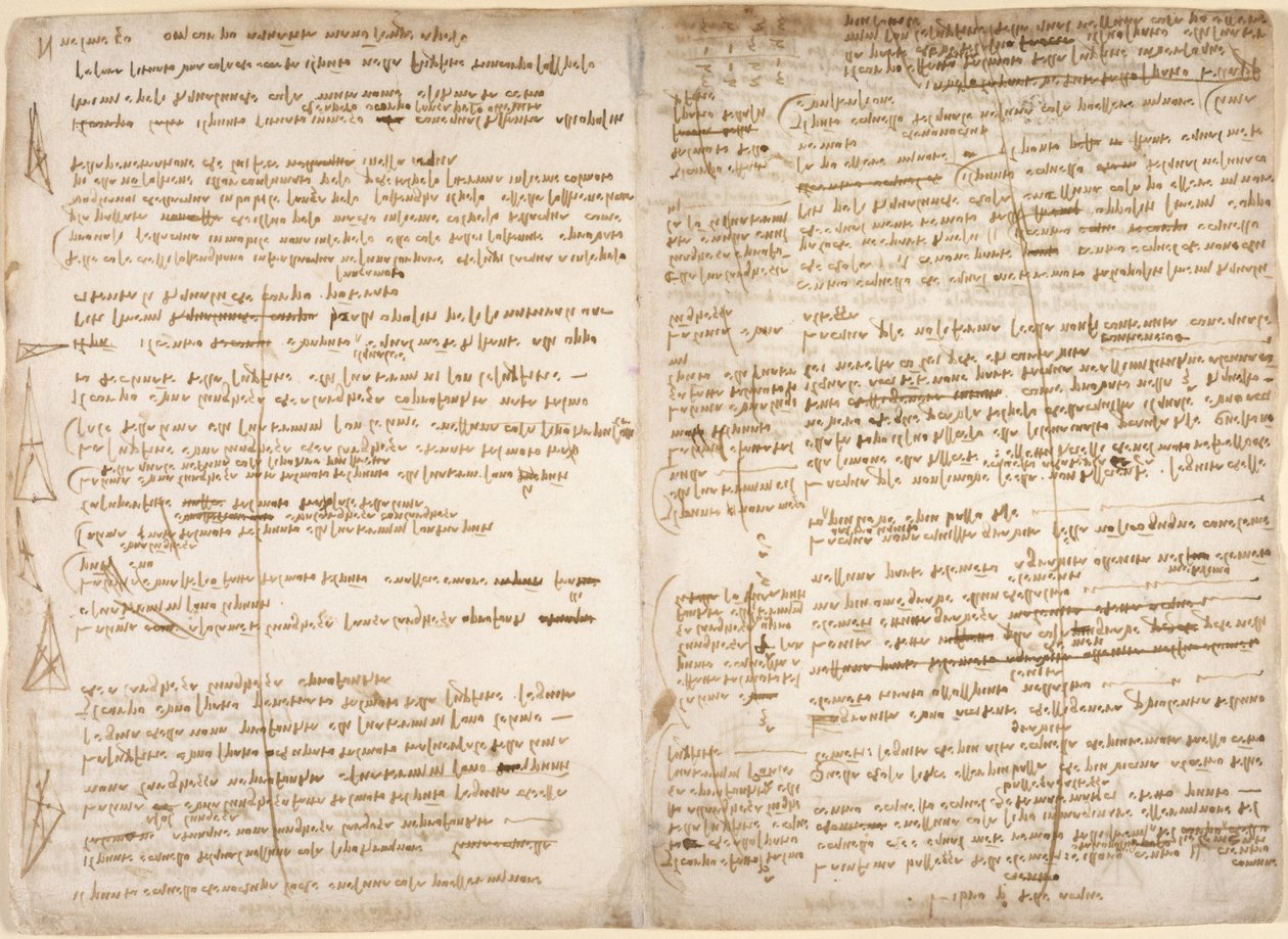 Arundel 263, f.267v, f.266, Uwagi i wykresy dotyczące matematycznej definicji punktu, linii i powierzchni do „Pierwszej księgi o wodzie” („Libro primo delle acque”) (do góry nogami), z „Kodeksu” Arundel” (pióro i atrament na papierze) autorstwa Leonardo da Vinci
