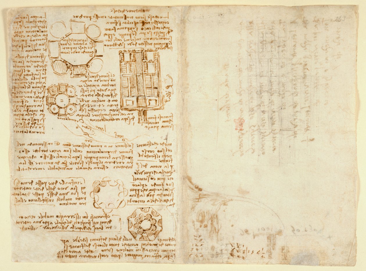 Arundel 263 f.270v, f.263, Rysunki Leonarda Da Vinici na temat sił i sił mechanicznych, perkusji, grawitacji, ruchu, optyki i astronomii, z różnymi twierdzeniami arytmetycznymi i geometrycznymi (pióro i tusz na papierze) autorstwa Leonardo da Vinci