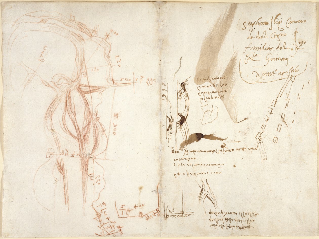 Arundel 263, f.275v, f.274 Szkic planimetryczny rzeki Arno; notatki dotyczące odległości i kierunków autorstwa Leonardo da Vinci
