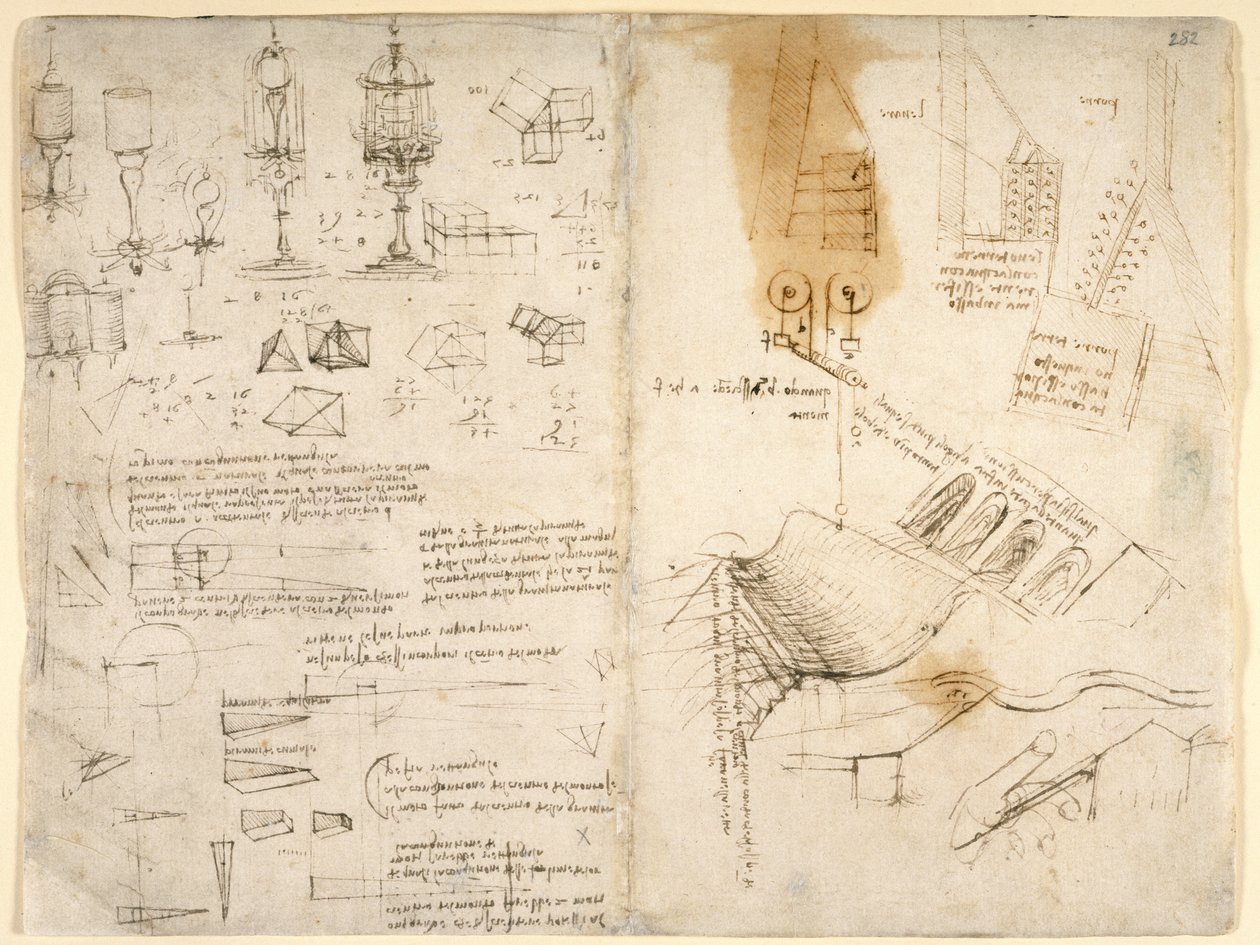 Arundel 263, f.283v, f.282 Szkice lamp na zawiasach; notatki dotyczące mechaniki; obliczenia matematyczne; szkice geometryczne (pióro i tusz na papierze) autorstwa Leonardo da Vinci