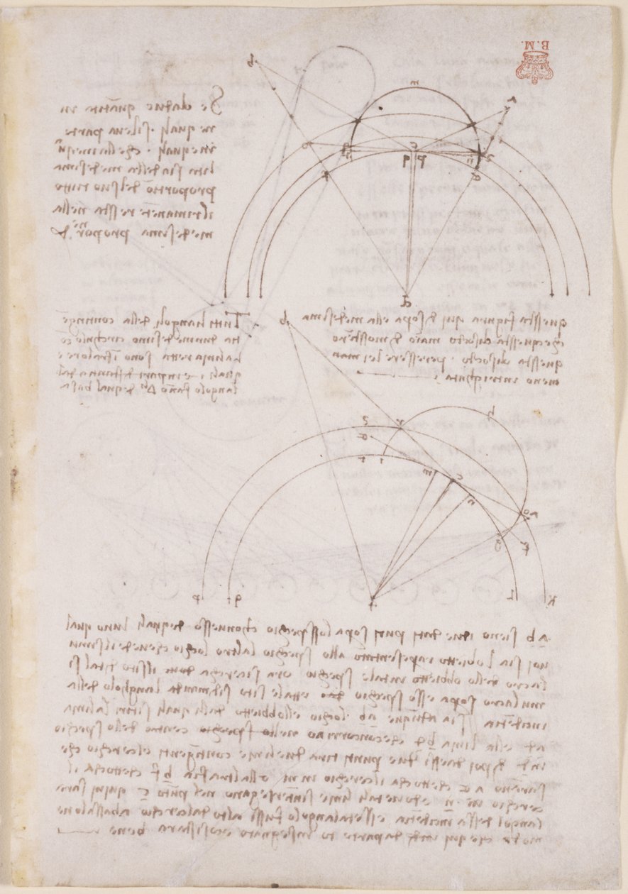 Arundel 263, f.28 Uwagi i diagramy geometryczne dotyczące optyki, nawiązujące do problemu Alhazena autorstwa Leonardo da Vinci