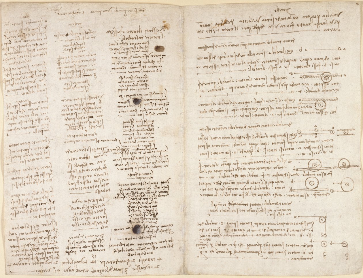 Arundel 263, f.42v, f.43 Krótkie teksty przepowiedni Leonarda („Profetie”) z „Codex Arundel” (pióro i atrament na papierze) autorstwa Leonardo da Vinci