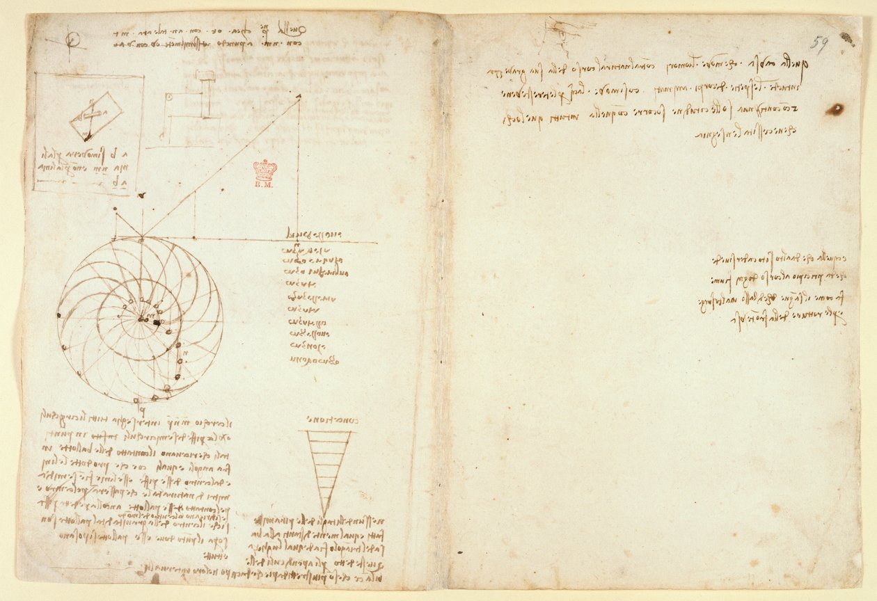 Arundel 263 f.44v, f.59 Szkic oka i nosa twarzy z profilu; notatki o wodzie, z „Codex Arundel” (pióro i atrament na papierze) autorstwa Leonardo da Vinci